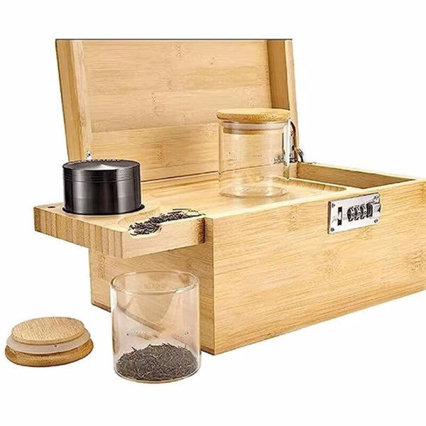 Bamboo Locking Storage Stash Box Bundle ockable Herbal Supply Kit w/ Accessories