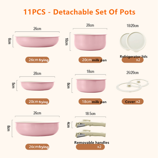 11Pcs Pink pots and Pans Set Removable Handle Nonstick Cookware Set Space Saving