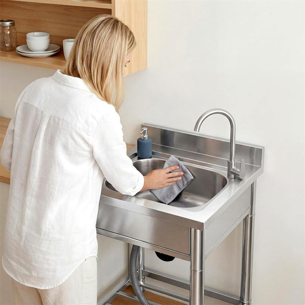Stainless Steel Commercial Kitchen Sink Free Standing w/ Cold&Hot Water Faucet
