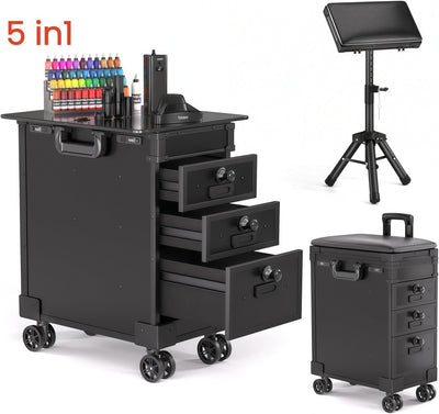 Tattoo Travel Case 5 In 1 Rolling Makeup Workstation with Armrest Stand 3 Drawer
