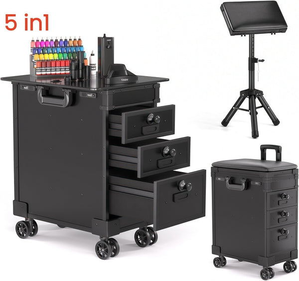 Tattoo Travel Case 5 In 1 Rolling Makeup Workstation with Armrest Stand 3 Drawer