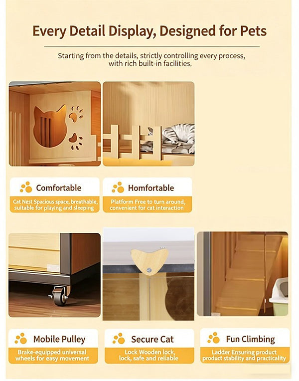 Luxury Cat Villa Wood Cat House Indoor Cat Cage Pet Exhibit Cabinet Clear Glass