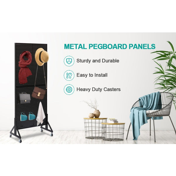 174cm Tall Metal Pegboard Display Rack Retail Display Rack w/ Wheels 30 Hooks AU