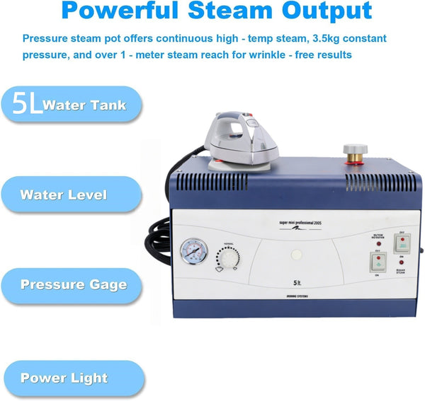 2200W Industrial Steam Iron Curtain Electric Iron Boiler Pressurized w/ 5L Tank