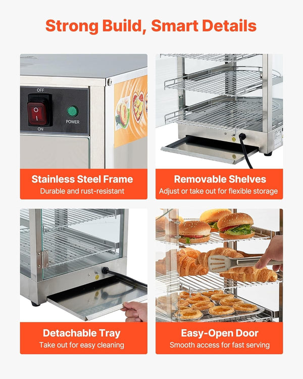 3-Tier Commercial Food Warmer Display 30-80℃ Hot Dog Pizza Showcase Cabinet 800W