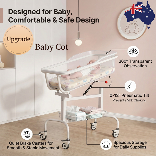 Clear Baby Bassinet Anti-Reflux Hospital Cot Newborn Crib w/ Wheels & Storage