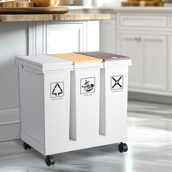 60L Removable Rubbish Bin 3 Compartment Trash Can Waste Rubbish Recycling