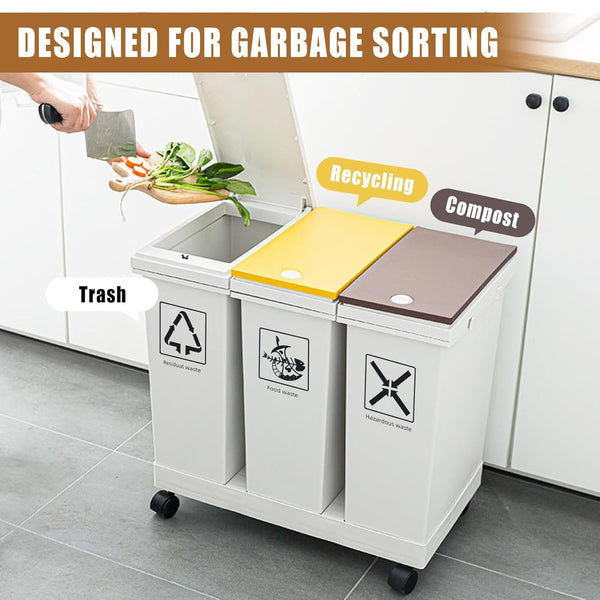 60L Removable Rubbish Bin 3 Compartment Trash Can Waste Rubbish Recycling