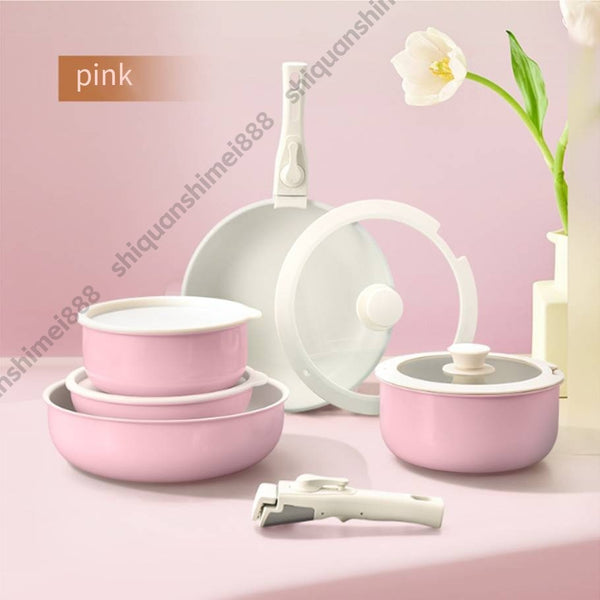 11Pcs Pink pots and Pans Set Removable Handle Nonstick Cookware Set Space Saving