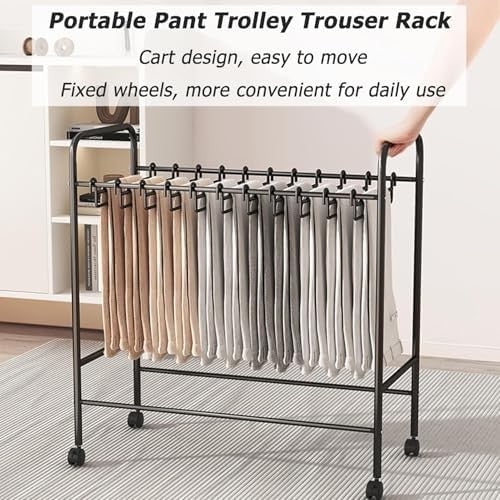 Pants Organizer Rack Trolley with 24 Double Hangers Rolling Trouser Metal Rack
