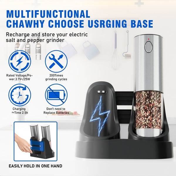 2pcs Electric Salt And Pepper Grinder Set Rechargeable Auto Mill w/Charging Base