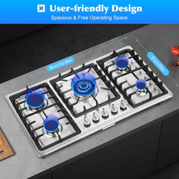 5 Burner Gas Cooktop Stove Konbs Kitchen Cooker Stainless Steel NG/LPG 86cm AU