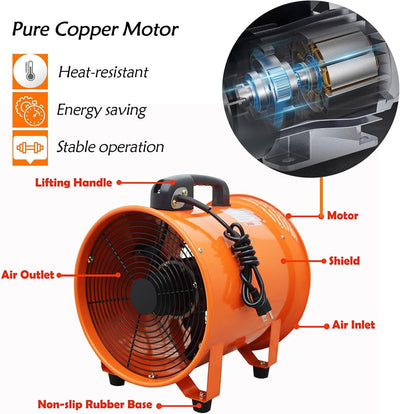 12'' Pipe Axial Fan Portable w/ 5m Hose&Handle Exhaust Fan for Spray Booth Paint
