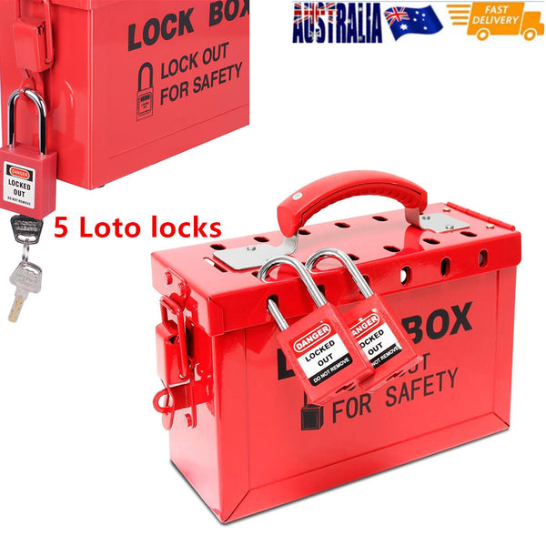 Padlock Group Lockbox Lockout Tagout Box Security 13 Guage with 5 Loto Locks AU