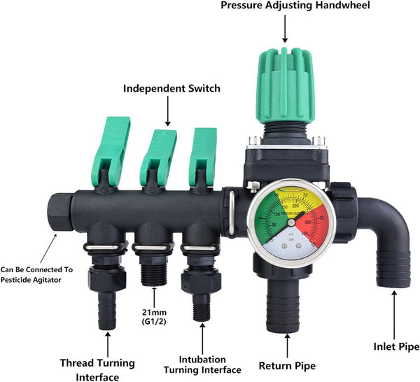 3 Way Hose Splitter Valve Agricultural Sprayer Control Shut Off  Pressure Gauge