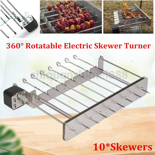 Electric BBQ Skewer Turner Automatic Rotating Grill Shish Kabob Set w/ 10 Skewer