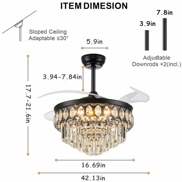 42" Crystal Ceiling Fan Lights with Remote 6 Wind Speed Crystal Chandelier Fan