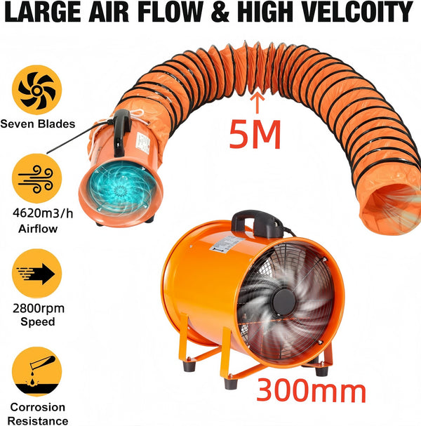 12'' Pipe Axial Fan Portable w/ 5m Hose&Handle Exhaust Fan for Spray Booth Paint