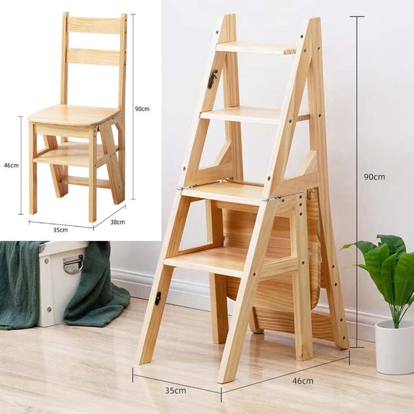 4in1Wooden Folding Library Ladder Chair Multifunctional Step Stool Display Stand