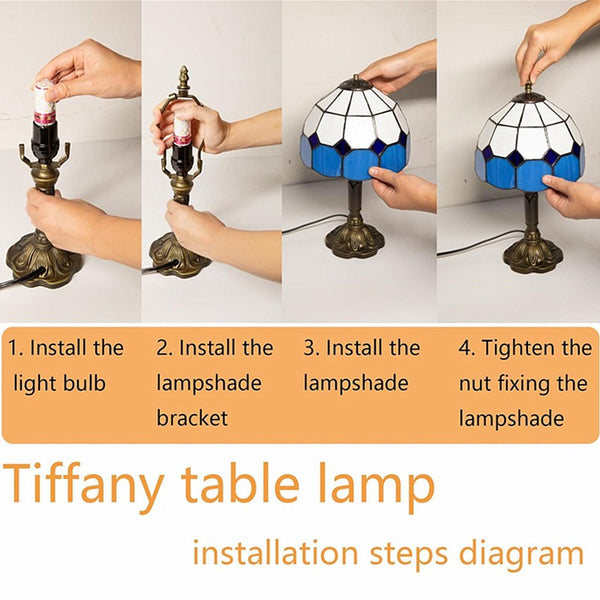 Vintage Tiffany Table Lamps 8" Stained Glass Table Lamp Blue White Lattice Style