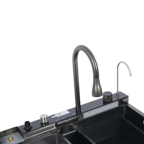Kitchen Sink Single Bowl Basin Stainless Steel Bar w/Digital Faucet & Cup Washer