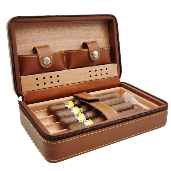 4-Finger Cigar Humidor Travel Cigar Case Holder Storage Wood Leather Box Gift AU