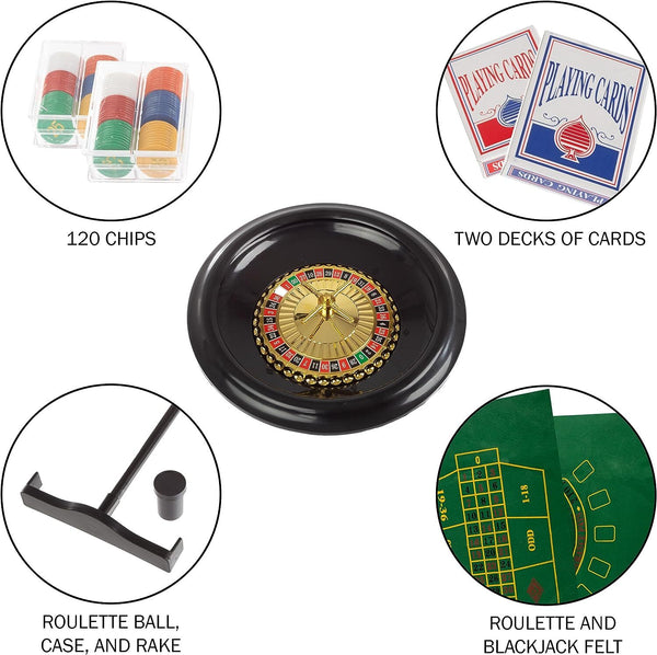 16" Roulette Wheel Set with Felt Chips Cards Rake for Casino Games Deluxe Poker