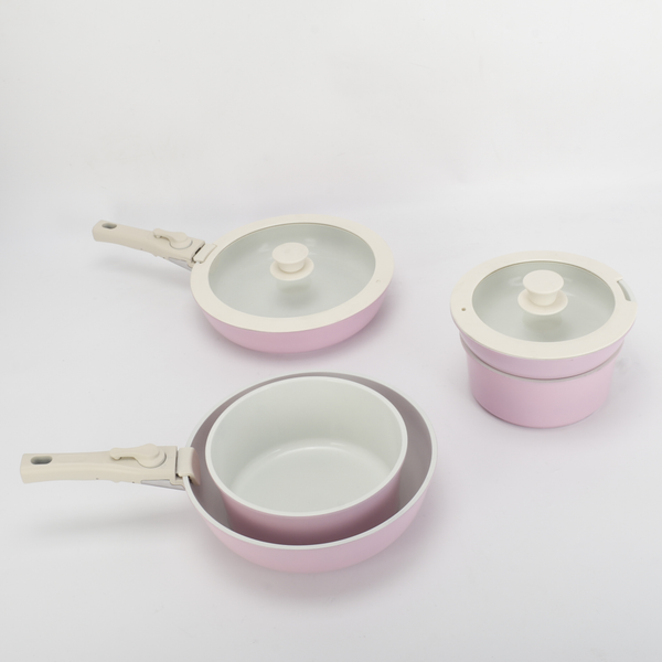 11Pcs Pink pots and Pans Set Removable Handle Nonstick Cookware Set Space Saving
