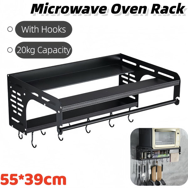 Microwave Oven Shelf Rack Wall Mount Oven Bracket Kitchen Organiser with Hooks