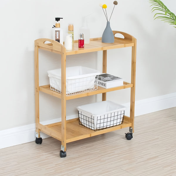 Solid Wood 3 Tier Shelf Serving Table with Wheels Bar Cart Kitchen Storage Cart