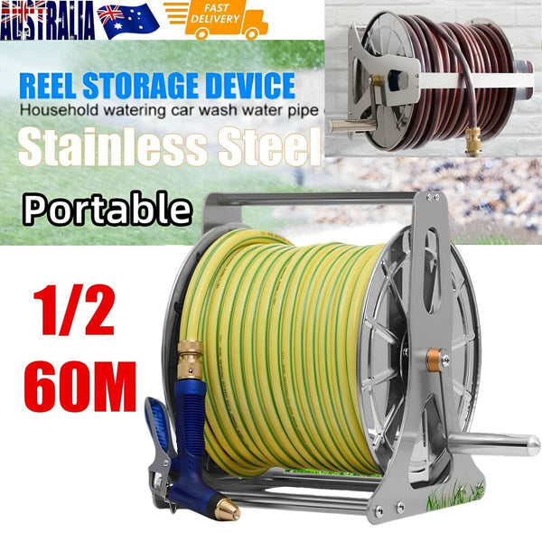 1/2'' X 60M Water Hose Reel Rack Stainless Steel Portable Pipe Holder Storage AU