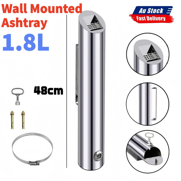 Wall Mounted Ashtray Stainless Steel Commercial 1.8L Outdoor Cylinder Ash Bin AU