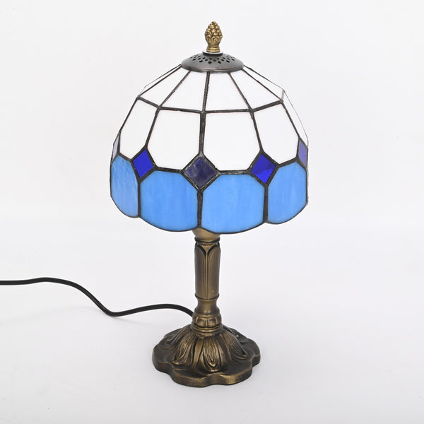 Vintage Tiffany Table Lamps 8" Stained Glass Table Lamp Blue White Lattice Style