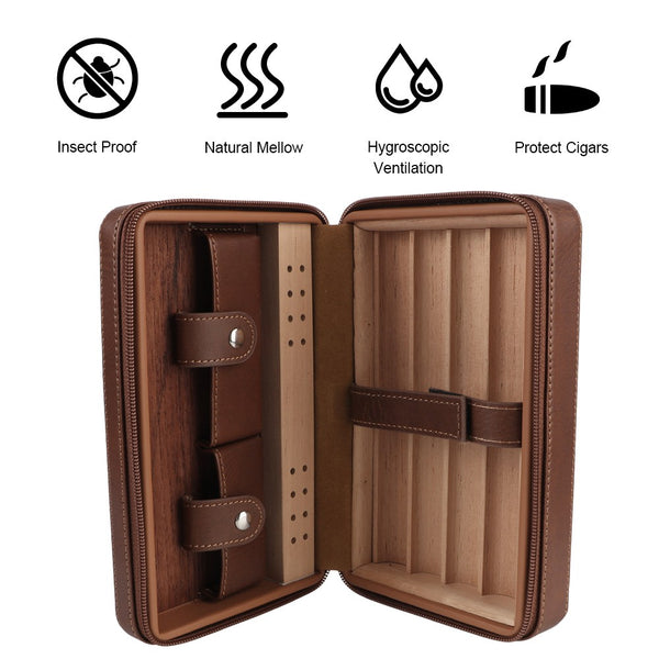 4-Finger Cigar Humidor Travel Cigar Case Holder Storage Wood Leather Box Gift AU
