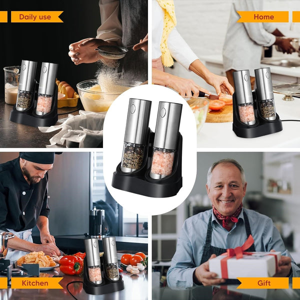 2pcs Electric Salt And Pepper Grinder Set Rechargeable Auto Mill w/Charging Base