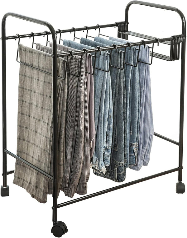 Pants Organizer Rack Trolley with 24 Double Hangers Rolling Trouser Metal Rack