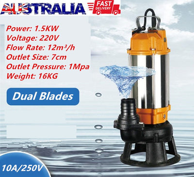1500W Industrial Submersible Sewage Cutter Shredder Pump Dual Blades Heavy Duty