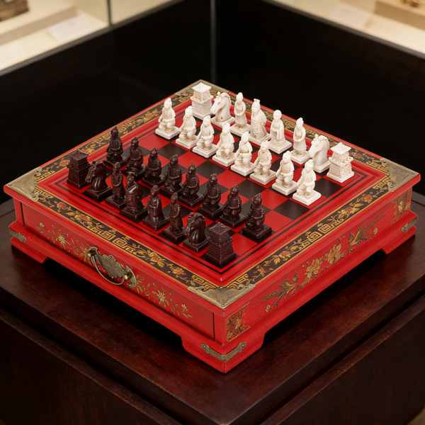 Antique Chinese Terra-Cotta Warriors Chess Set Wooden Chess Board Pieces Gifts
