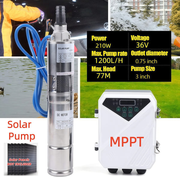 3" DC Deep Well Solar Water Bore Pump Submersible 210W 36V 1200L/H Ranch Farm AU