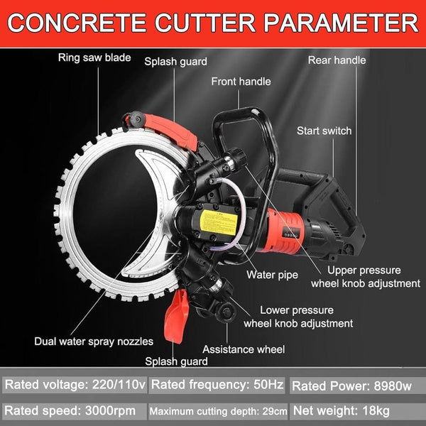 29cm Concrete Cutting Ring Saw HF Concrete Cut Off w/2 Blades&Water Pump 3000RPM