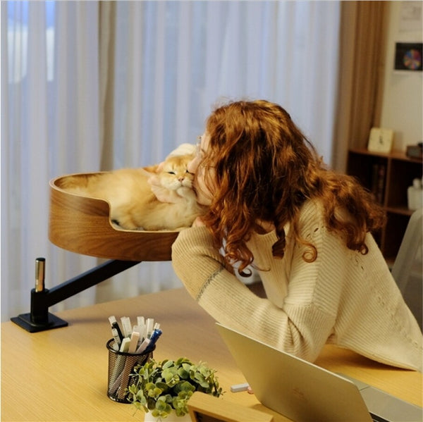 Adjustable Cat Desk Bed Wooden Suspension Desktop Cat Bed For Home Study Rooms