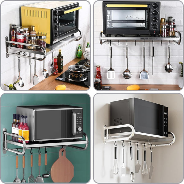 Wall Mounted Microwave Shelf Oven Deck with Hooks Stainless Steel Oven Organizer