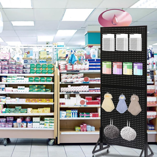 174cm Tall Metal Pegboard Display Rack Retail Display Rack w/ Wheels 30 Hooks AU