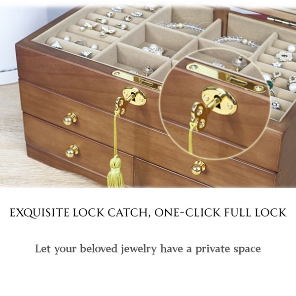 3Tier Wooden Jewelry Box Storage Cabinet Organizer For Necklaces Earrings w/Lock