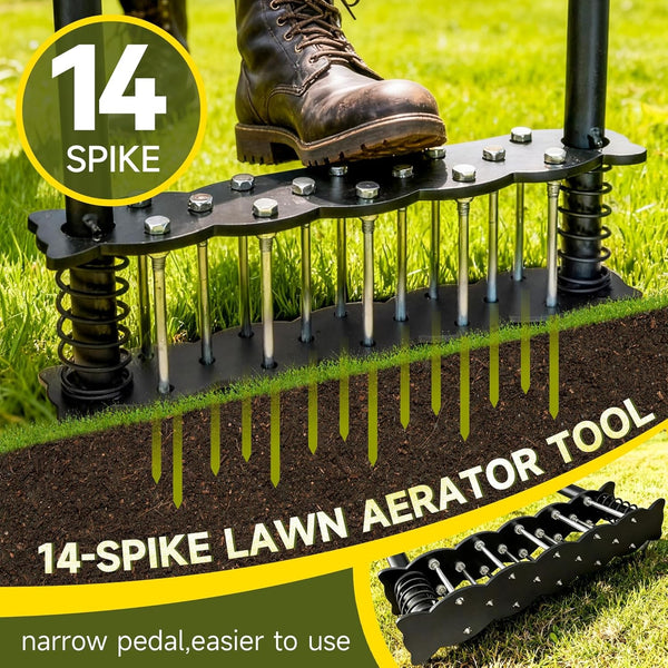 Manual Lawn Aerator Tool 14 Metal Spikes Grass Soil Aerator Ergonomic T-Handle