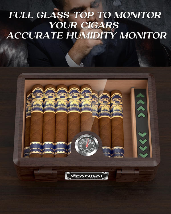 Cigar Humidor Glass Top Cigar Case with Cutter,Punch Tool,Humidifier &Hygrometer