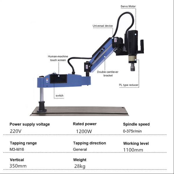 Electric Threading Machine Drilling Threading M3-M16 Universal 360° Flexible Arm