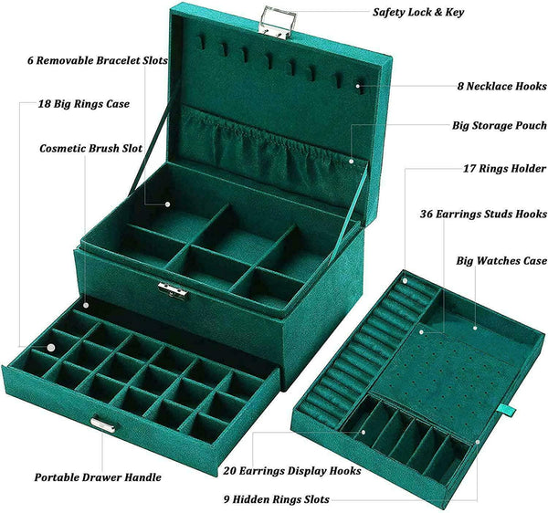 3-layers Jewelry Organizer Large Necklace Ring Display Cases Green Velvet Box