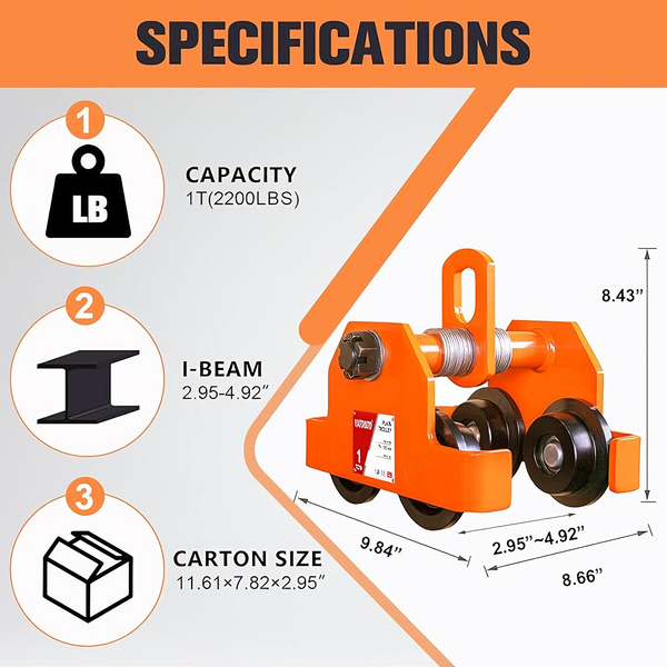 1T Crane Pull / Push Type I Bar Beam Track Girder Trolley Girder Trolley + Chain