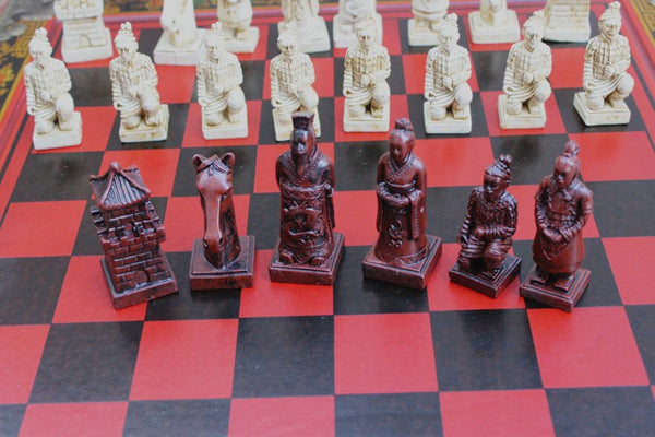 Antique Chinese Terra-Cotta Warriors Chess Set Wooden Chess Board Pieces Gifts